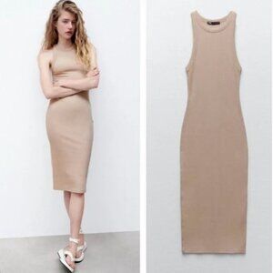 Zara Basic Tan Ribbed Midi Dress